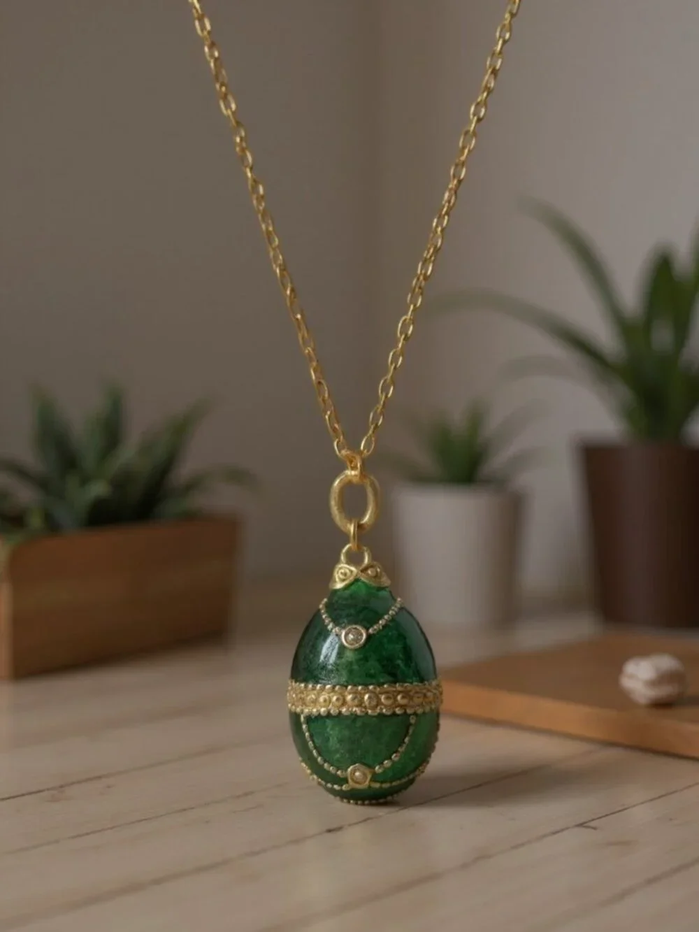 Faberge Egg Necklace Emerald Green Pendant Gold Tone Stainless Steel 18